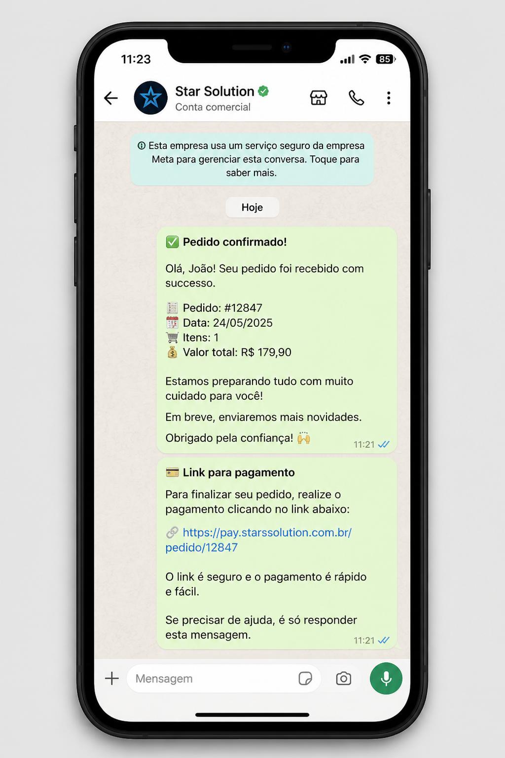Exemplo de conversa no WhatsApp Business com conta verificada